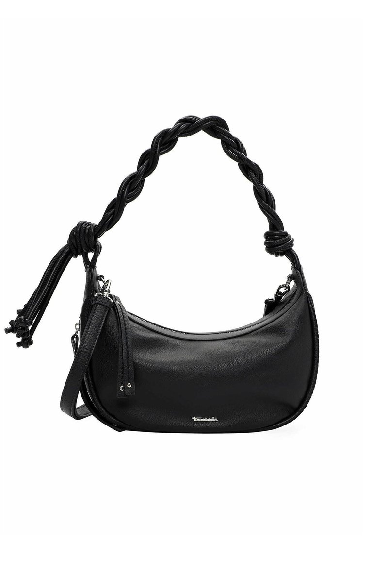 Sort skuldertaske i læder med buet form, flettet topstrop, sølvfarvet hardware og sidelommer med kvaster. Glat tekstur med subtil glans.