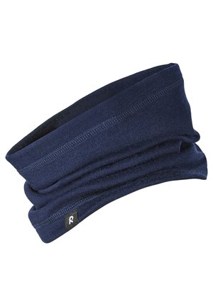 Marineblauwe rekbare hoofdband van zacht stof, met een gladde textuur en een klein logo-label in de hoek.