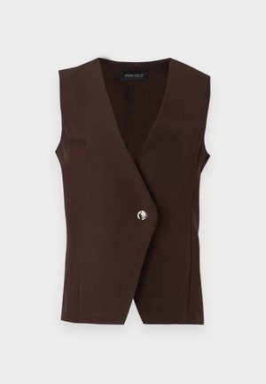 Bez rękawów, ciemnobrązowa kamizelka z głębokim dekoltem w kształcie litery V oraz pojedynczym srebrnym guzikiem do zapięcia, z metką Anna Field.
