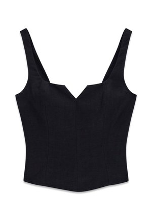Haut noir sans manches pour femme avec larges bretelles et encolure en V, ajusté avec des coutures en panneaux pour une coupe ajustée.
