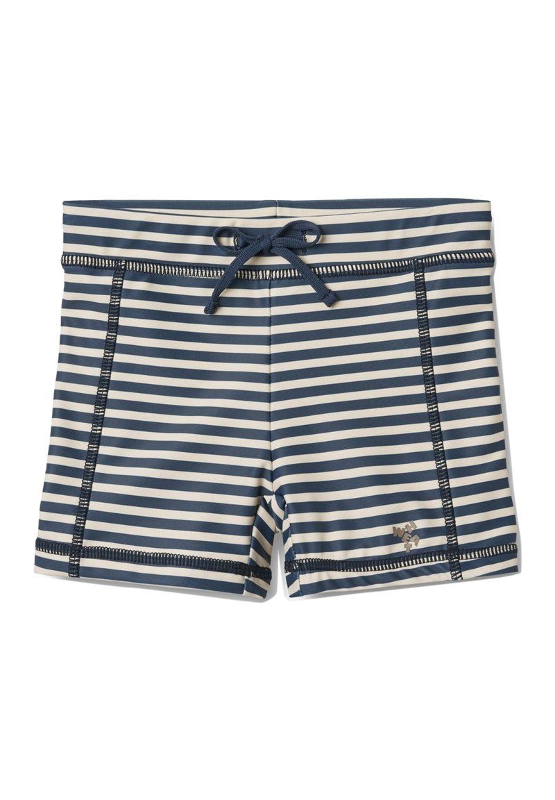 Marina- och krämfärgade randiga badshorts med dragsko i midjan, platta sömmar och en liten logotypdetalj på den nedre framsidan. Slät, lättviktsmaterial.