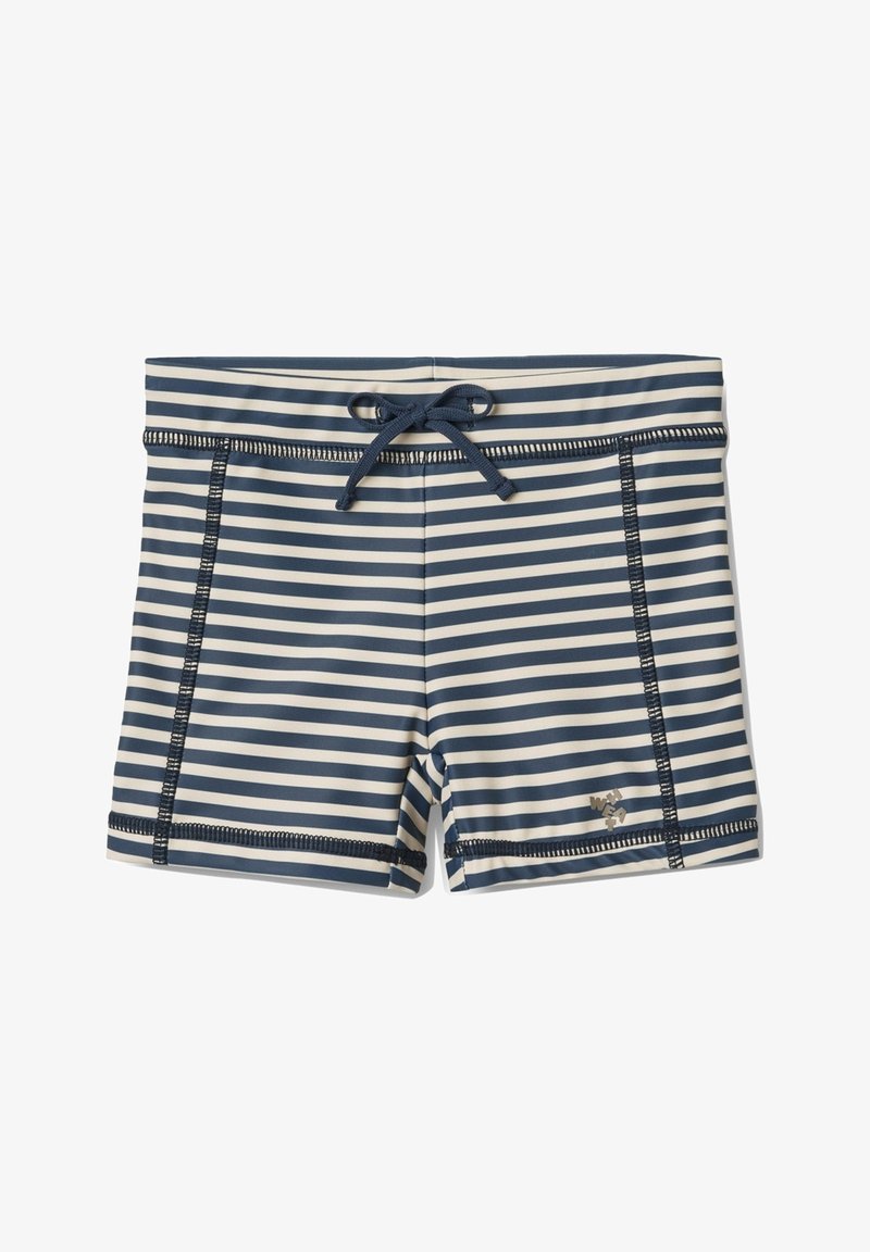 Costumi da bagno a strisce blu navy e crema con vita regolabile, cuciture piatte e un piccolo logo sulla parte anteriore inferiore. Tessuto liscio e leggero.