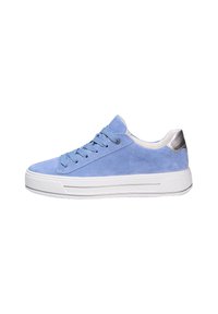 Light blue suede sneaker with lace-up design, white rubber sole, and silver accents on heel. Features rounded toe and textured upper.