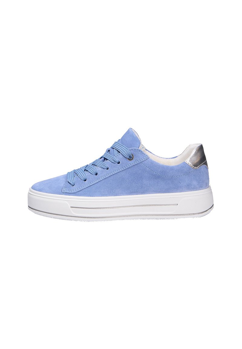 Light blue suede sneaker with lace-up design, white rubber sole, and silver accents on heel. Features rounded toe and textured upper.