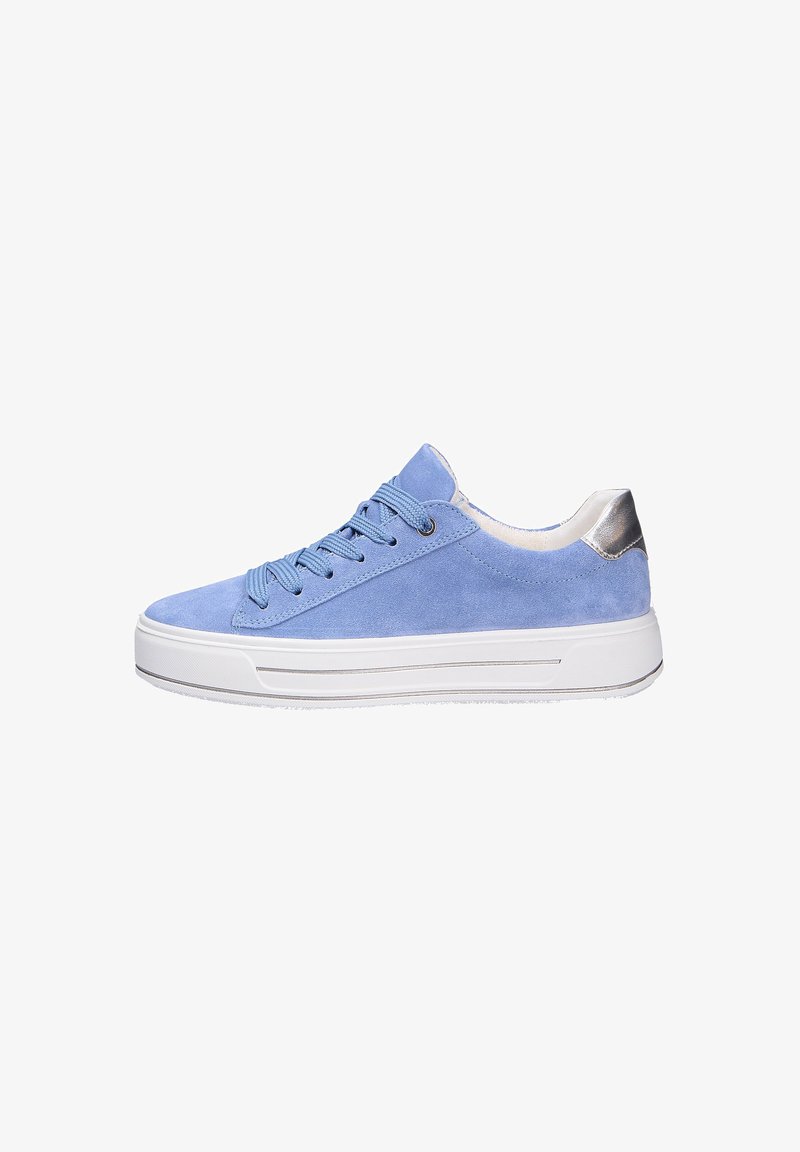 Light blue suede sneaker with lace-up design, white rubber sole, and silver accents on heel. Features rounded toe and textured upper.