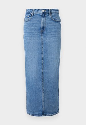 Denim svārki ar taisnu siluetu, vidēji zilu krāsu, augstu jostasvietu, ar rāvējslēdzēju un pogu aizdari, kā arī minimālām šuvju detaļām. Garums līdz pusmugurai.