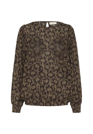 Blusa marrón de manga larga con patrón floral abstracto en beis, escote redondo, puños elásticos y cierre de botón en forma de llave en la parte posterior del cuello.