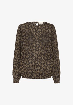 Long-sleeve brown blouse with beige abstract floral pattern, round neckline, elastic cuffs, and keyhole button closure at back neck.