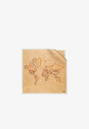 Mappa del mondo in stile vintage con toni della terra smorzati, confini dei paesi dettagliati e angolo in alto a destra leggermente piegato.