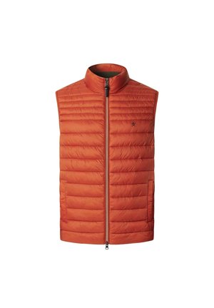 Pánska sleeveless pufková vesta v jasne oranžovej farbe, prešívaný dizajn, s vysokým golierom a predným zipsom. Obsahuje bočné vrecko a kontrastnú vnútornú podšívku.