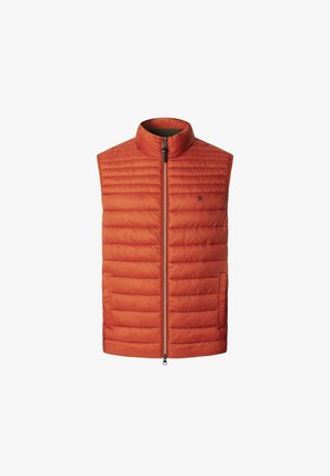 Gilet smanicato da uomo in un vivace arancione, design trapuntato, con colletto alto e zip frontale. Presenta una tasca laterale e una fodera interna a contrasto.