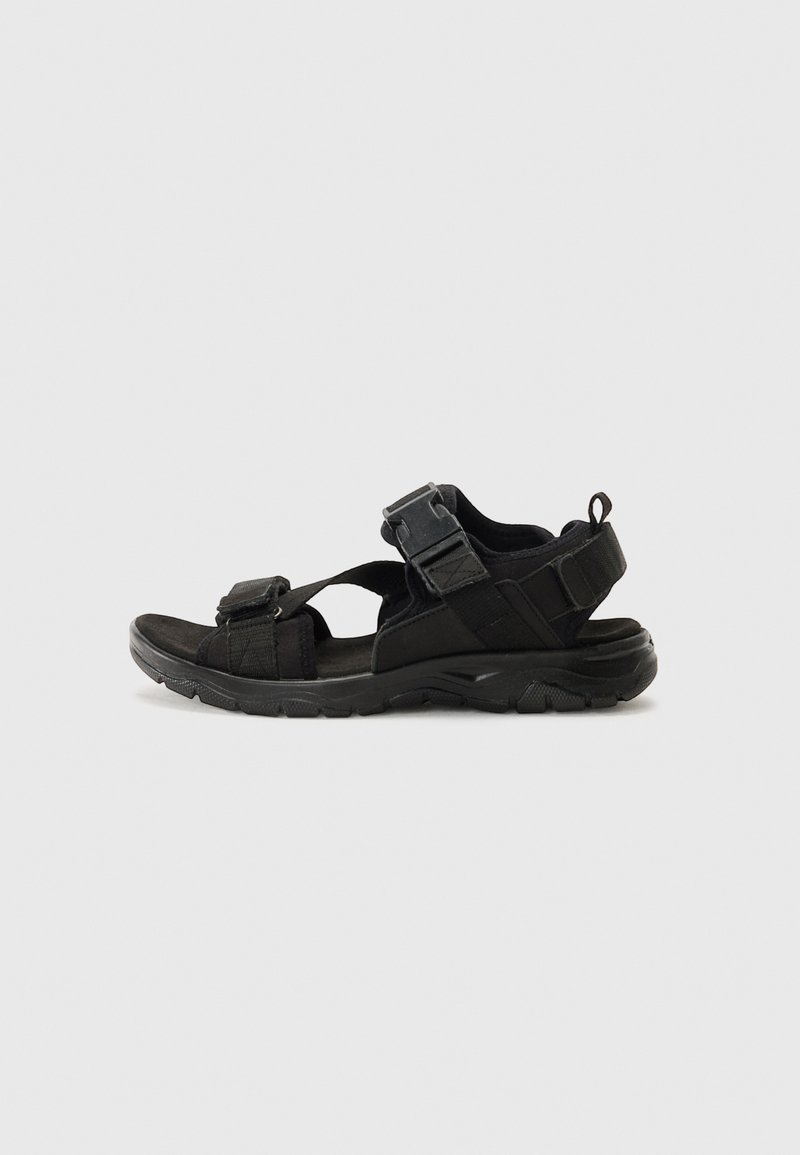 Black sport sandals with adjustable straps, textured footbed, and sturdy outsole. Lightweight design suitable for outdoor activities.