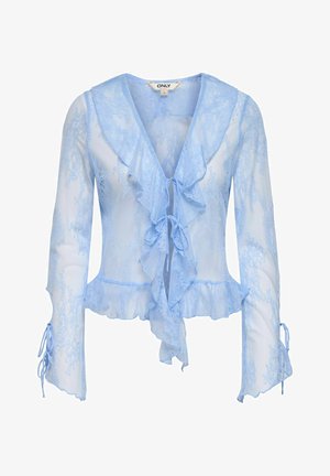 Jasnoniebieska przezroczysta koronkowa bluzka z długimi rękawami, falbaniastym kołnierzykiem, wiązaniem z przodu oraz falbanami na dole i mankietach.