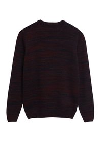 Maglione a maniche lunghe a righe color bordeaux scuro e nero, con scollo rotondo e polsini e orlo a coste, mostrato dal retro.
