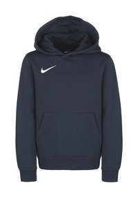 Felpa blu navy in misto cotone, con tasca frontale, polsini a coste e logo Nike bianco sul lato sinistro del petto. Design semplice.