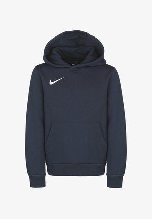 Felpa blu navy in misto cotone, con tasca frontale, polsini a coste e logo Nike bianco sul lato sinistro del petto. Design semplice.