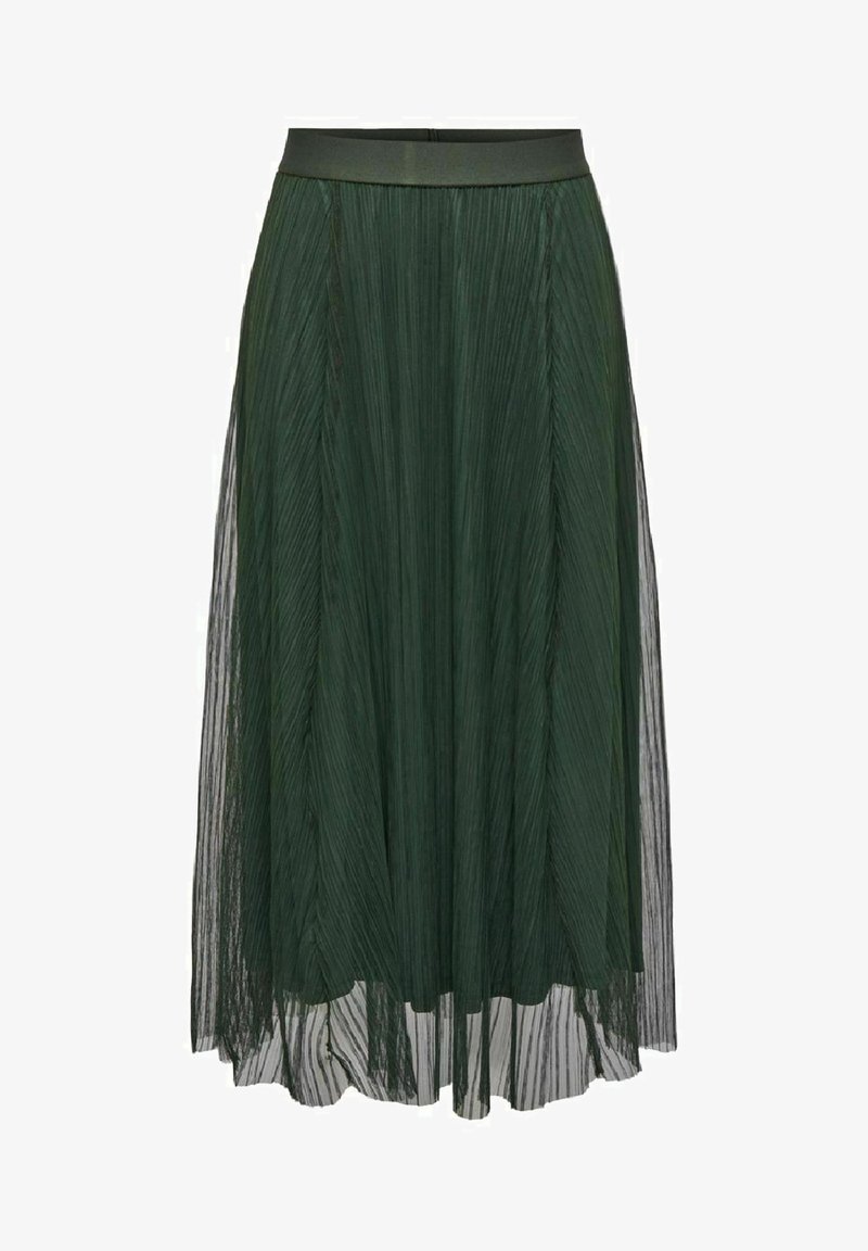 Saia maxi plissada verde com uma cintura suave, apresentando textura vertical e um design em camadas para maior profundidade e movimento.