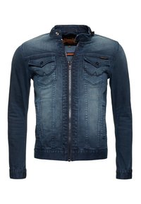 Mörkblå denimjacka med dragkedja fram, två bröstfickor och en modern kragsdesign. Har slitna detaljer och elastiska manschetter.