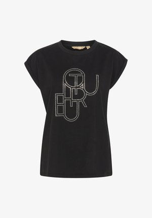 Schwarzes T-Shirt mit kurzen Ärmeln, ausgestattet mit einem glänzenden, genietetem Grafikdesign. Aus weichem Baumwollmaterial, lässiger Schnitt und Rundhalsausschnitt.