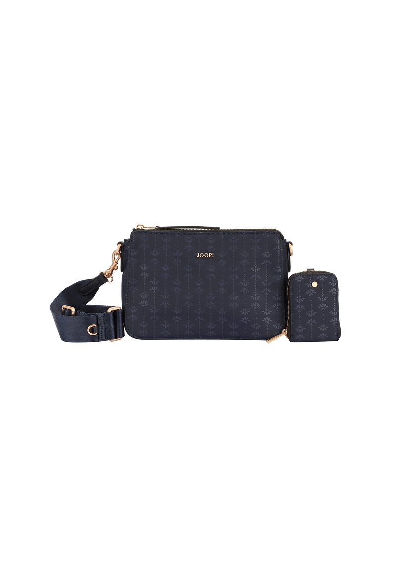 Navy crossbody bag featuring a floral pattern, gold hardware accents, a detachable wallet, and an adjustable strap for versatile carrying.