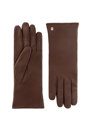 Brown leather gloves with a smooth texture, elongated shape, and stitching details. Includes a small logo accent near the cuff.