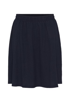 Donkerblauwe, knielange rok van textuurstof met een elastische tailleband en een zachte val, met een losse silhouet en zonder zichtbare patronen.