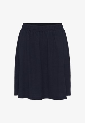 Marineblau, knielanger Rock aus strukturiertem Stoff mit elastischem Bund und sanftem Fall, der eine lockere Silhouette ohne sichtbare Muster aufweist.
