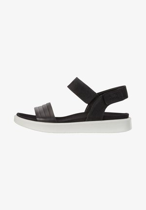 Sandal nero in pelle liscia con una spessa suola bianca imbottita. Presenta due cinturini larghi e dettagli testurizzati per una maggiore aderenza.