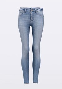 Hellblaue Skinny-Jeans aus Denim, mit hoher Taille, Fünf-Taschen-Design und rohen Saumdetails an den Knöcheln.