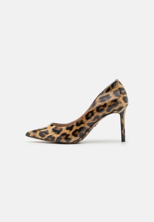 Leopard print high heel pump in glossy material; pointed toe, sleek silhouette, and thin stiletto heel. Accents in black and tan.
