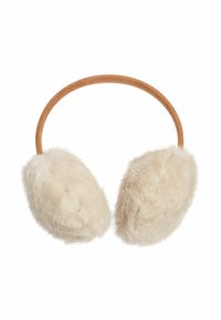 Valehalli kõrvaklapid, kreemivärvi, pehme tekstuuri ja pruuni, kaardus peaosa kujundusega. Kõrvaklapid on ümarad ja pehmed, ilma nähtava riistvarata.