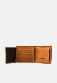 Brown leather wallet with a bifold design, featuring multiple card slots, a bill compartment, and a small pocket. Smooth texture, minimal stitching.