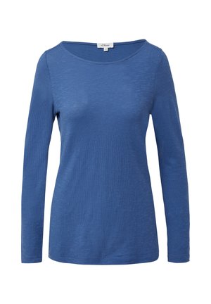 T-shirt bleu à manches longues en tissu doux, avec un col rond et une texture lisse. Pas de motifs ni de détails matériels remarquables.