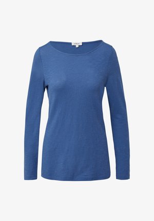 Maglietta a maniche lunghe blu in morbido tessuto, con scollatura rotonda e superficie liscia. Senza motivi o dettagli hardware notevoli.
