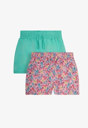 Due pantaloni corti: uno di un solido color turchese con un cordoncino, e uno rosa con un motivo floreale che presenta fragole e farfalle.
