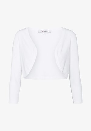 White cropped cardigan with long sleeves, soft fabric, open front design, and rounded hem. Label shows brand name "MORGAN" and size "S."