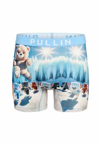 Boxers hommes avec une ceinture bleue portant le logo "PULLIN", et un motif coloré représentant des ours en bande dessinée sur un fond glacé.
