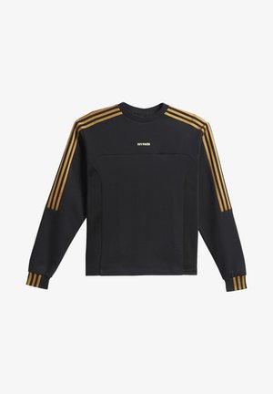 Zwart trainingspak met gouden verticale strepen en een geborduurd logo. Trui met ronde hals; broek met een losse pasvorm.