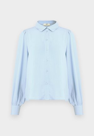 Light blue blouse with a collar, button closure, long puff sleeves, and a smooth texture. Features a straight hem and gathers at the shoulders.