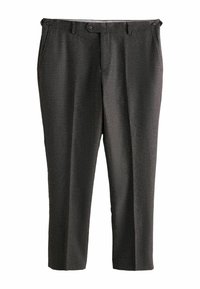 Dark gray, tailored trousers made from textured fabric, featuring a straight leg, side pockets, and two front buttons.