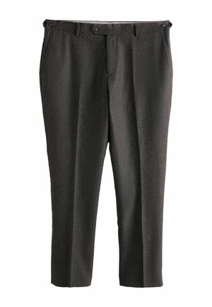 Dark gray, tailored trousers made from textured fabric, featuring a straight leg, side pockets, and two front buttons.