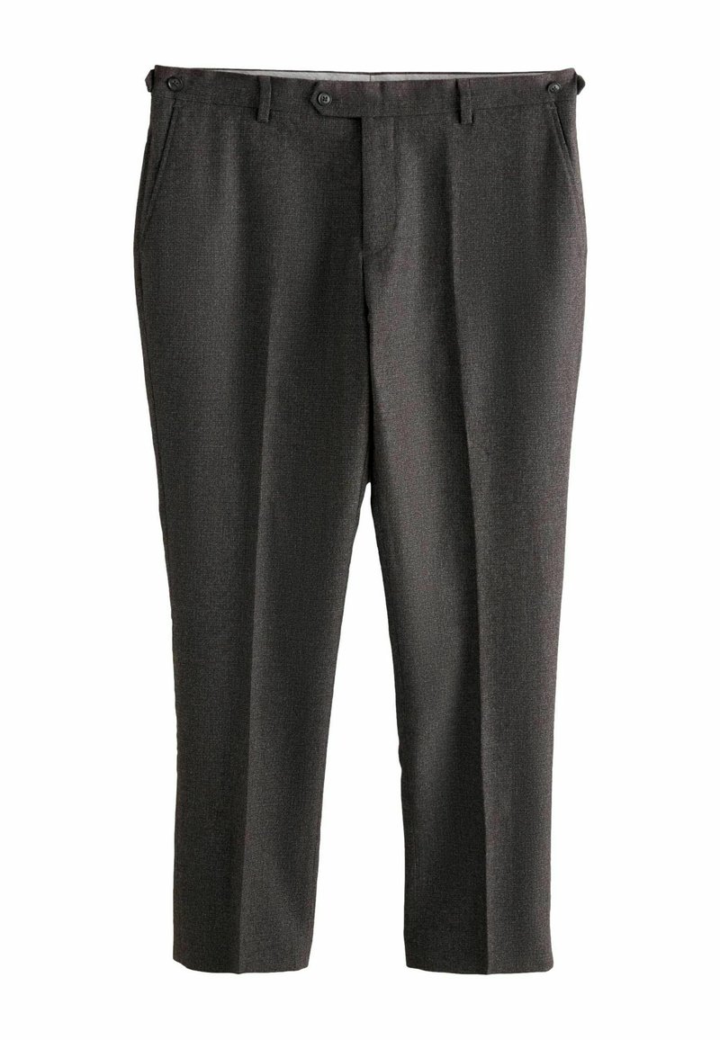 Dark gray, tailored trousers made from textured fabric, featuring a straight leg, side pockets, and two front buttons.