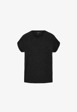 T-shirt noir à manches courtes et col rond avec des poignets retroussés et un motif subtil de taches blanches, posé à plat sur un fond blanc.