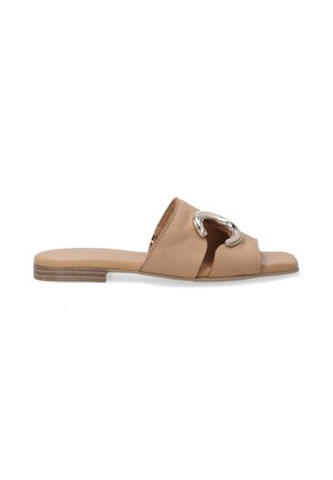 Tan leather slide sandal featuring a cutout strap design and a metallic loop accent. Flat sole with a subtle textured finish.