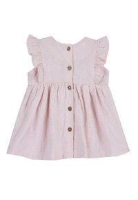 Light pink dress with embroidered floral pattern, ruffled sleeves, and a button-down back. Flared skirt with gathered waist and four buttons.