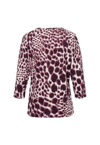 Dreiviertelärmeloberteil mit einem lila und weißen Tiermotiv, runder Halslinie und lockerer Passform.