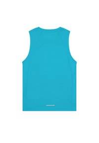 Turkusowy bezrękawnik sportowy z teksturowanej tkaniny, o okrągłym dekolcie i srebrnym akcentem na dolnej krawędzi.