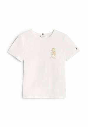 T-shirt bianco in cotone con logo ricamato dorato, scollo rotondo, maniche corte e un piccolo accento a forma di bandiera sulla manica.