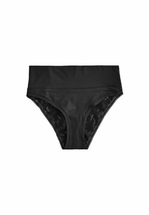 Zwarte bikini onderkant met een gladde stof aan de voorkant en kantdetails aan de zijkanten, met een hoge tailleband en een naadloos ontwerp.