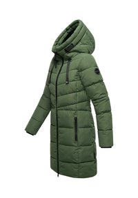 Green padded coat with a large hood, featuring black zipper pockets, horizontal stitching, and adjustable drawstrings.